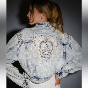 80037J Blue B Acid Washed Denim Jacket with Embellished Beading - Various Sizes